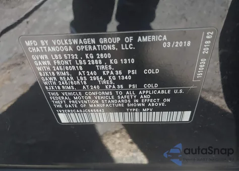 2018 Volkswagen Atlas 3.6L V6 Se z USA, uszkodzony, nr VIN 1V2CR2CA0JC565642
